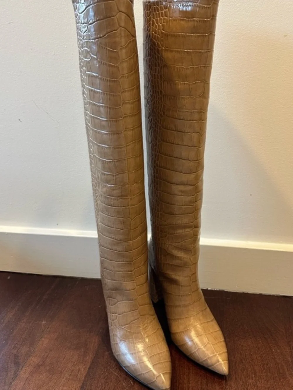 Paris Texas Tan Croc-Embossed Over-the-Knee Boots, NWOT size 38